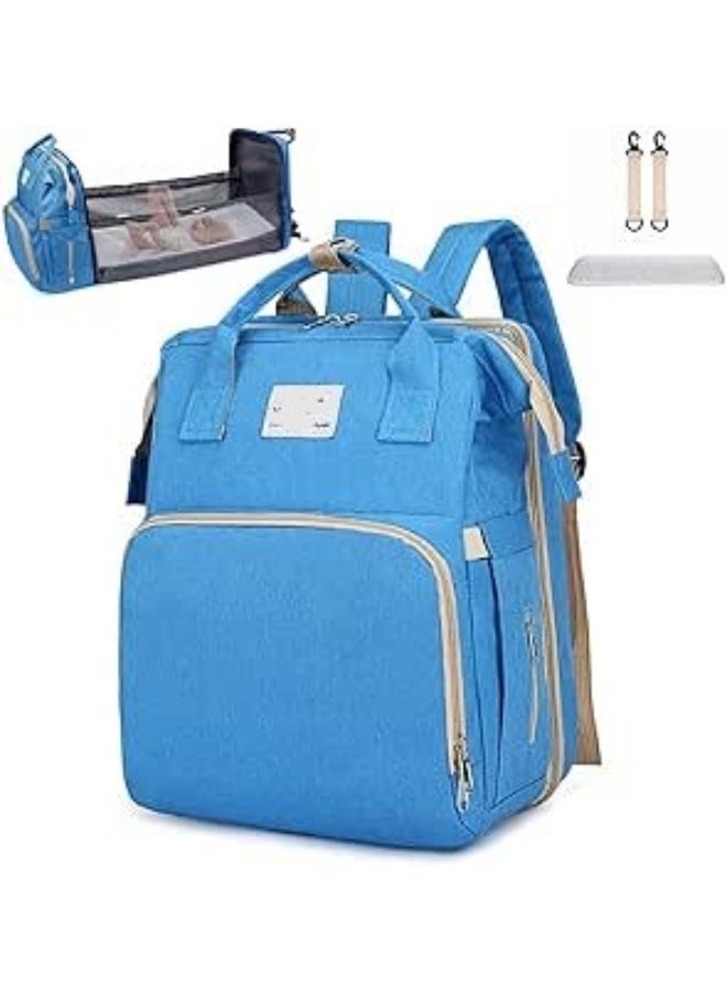 شنطة ظهر للحفاضات فاخرة وانيقة ومتعددة الوظائف قابلة للتحويل الى سرير للاطفال مناسبة لتخزين الببرونة والملابس والطعام لون ازرق - Image 1